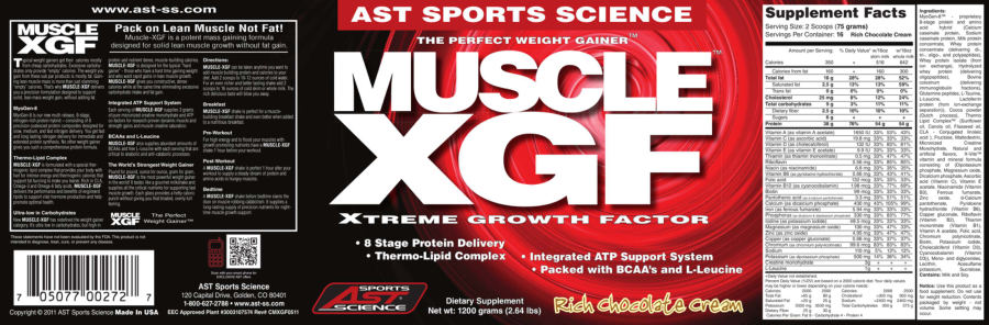 Official label of AST Sports Science Muscle XGF Rich Chocolate Cream (NIH DSLD #21437)