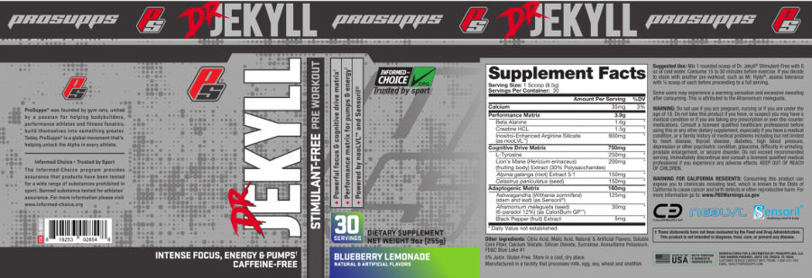 Official label of PS ProSupps Dr Jekyll Stimulant-Free Blueberry Lemonade (NIH DSLD #214625)