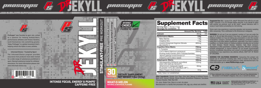 Official label of PS ProSupps Dr Jekyll Stimulant-Free What-O-Melon (NIH DSLD #214627)