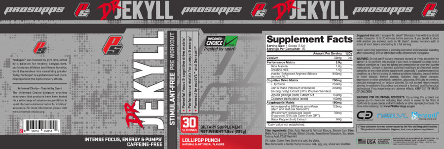 Official label of PS ProSupps Dr Jekyll Stimulant-Free Lollipop Punch (NIH DSLD #214631)