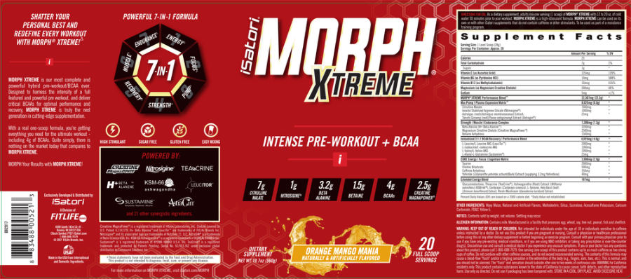 Official label of iSatori Morph Xtreme Orange Mango Mania (NIH DSLD #217150)