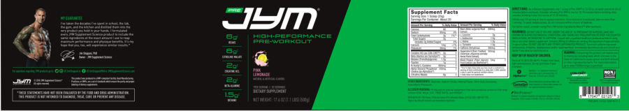 Official label of JYM Supplement Science Pre JYM Pink Lemonade (NIH DSLD #217569)