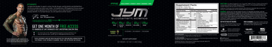 Official label of JYM Supplement Science Pre JYM Rainbow Sherbet (NIH DSLD #217595)