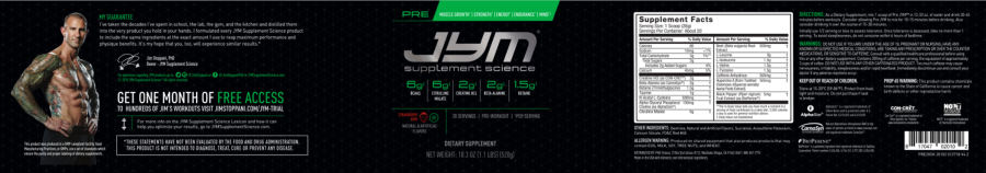 Official label of JYM Supplement Science Pre JYM Strawberry Kiwi (NIH DSLD #217814)