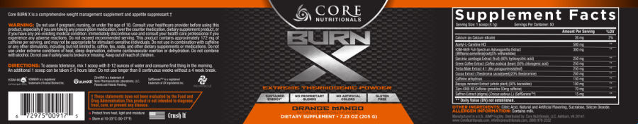Official label of Core Nutritionals Burn X Orange Mango (NIH DSLD #218170)
