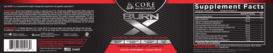 Official label of Core Nutritionals BURN X Tropical Fruit Punch (NIH DSLD #218174)