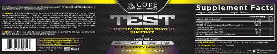 Official label of Core Nutritionals TEST Blackberry Lemonade (NIH DSLD #218232)