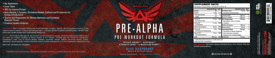 Official label of IMSOALPHA Pre-Alpha Blue Raspberry (NIH DSLD #218317)