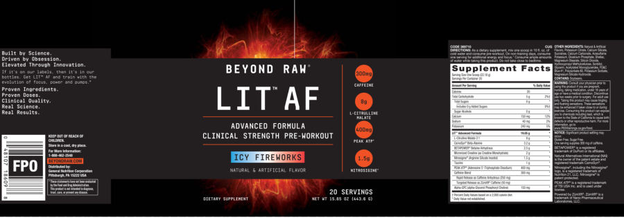 Official label of GNC Beyond Raw LIT AF Icy Fireworks (NIH DSLD #219914)