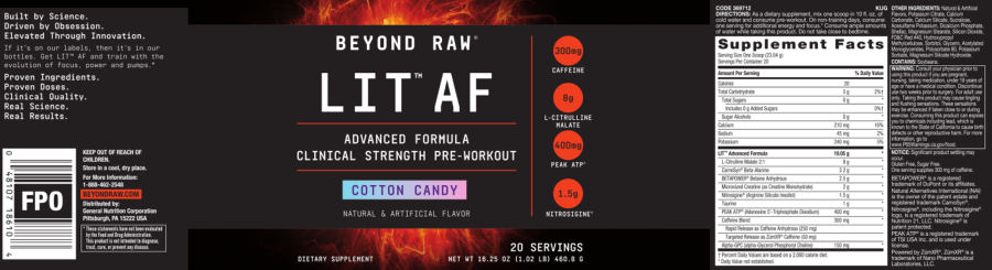 Official label of GNC Beyond Raw LIT AF Cotton Candy (NIH DSLD #219916)