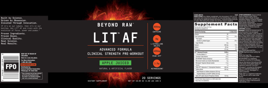Official label of GNC Beyond Raw LIT AF Apple Juice (NIH DSLD #219919)