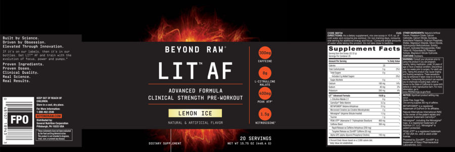 Official label of GNC Beyond Raw LIT AF Lemon Ice (NIH DSLD #219921)