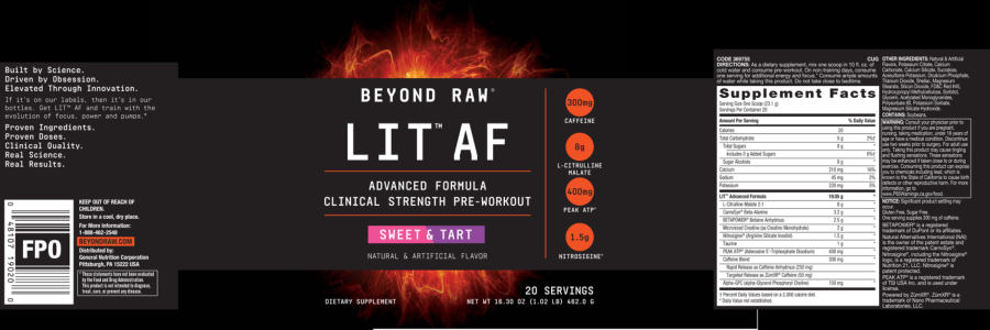 Official label of GNC Beyond Raw LIT AF Sweet & Tart (NIH DSLD #219923)