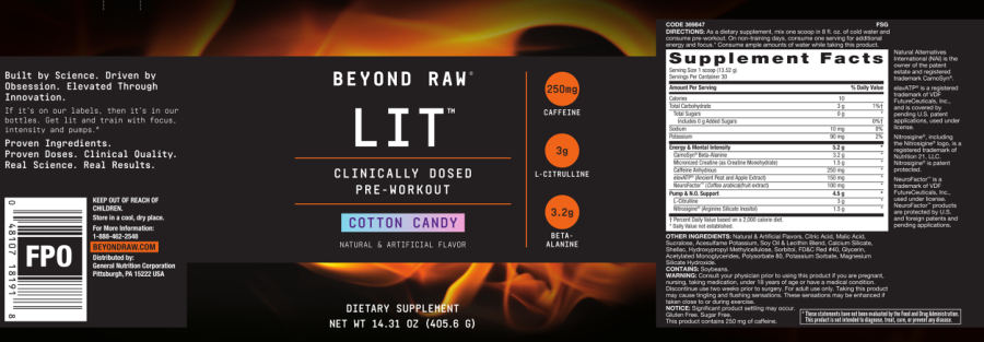 Official label of GNC Beyond Raw LIT Cotton Candy (NIH DSLD #219972)