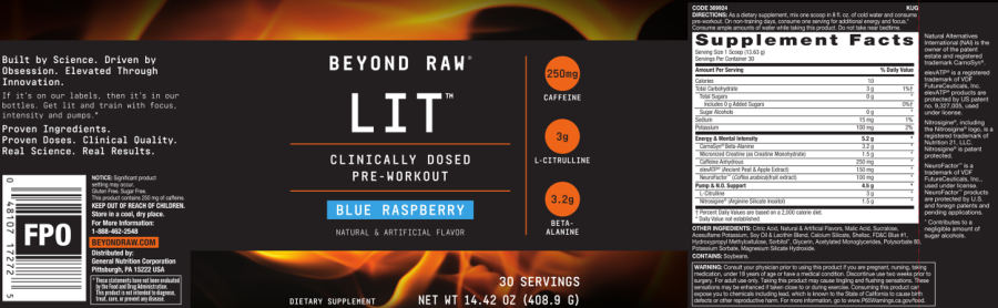 Official label of GNC Beyond Raw LIT Blue Raspberry (NIH DSLD #220047)