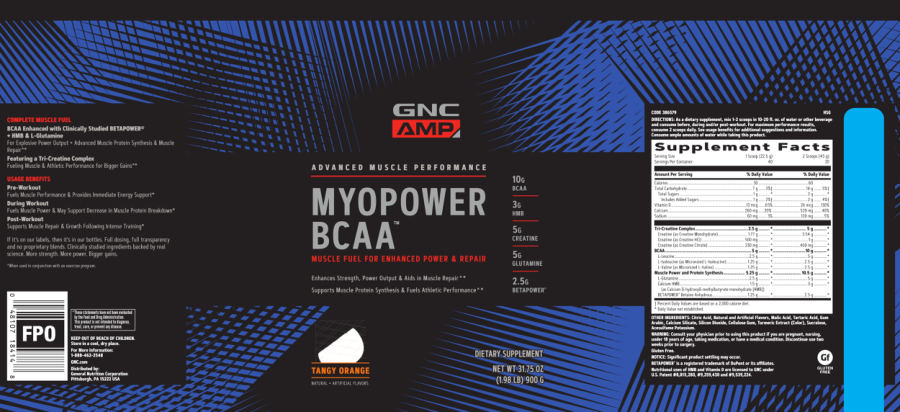Official label of GNC AMP Advanced Muscle Performance Myopower BCAA Tangy Orange (NIH DSLD #221132)