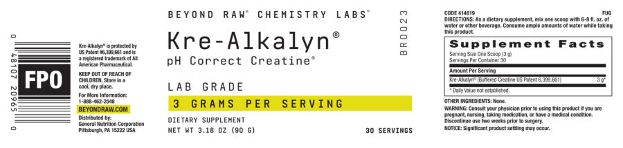 Official label of GNC Beyond Raw Chemistry Labs Kre-Alkalyn (NIH DSLD #221133)
