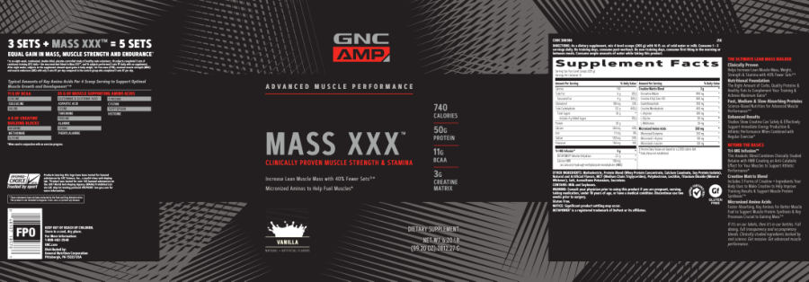 Official label of GNC AMP Advanced Muscle Performance Mass XXX Vanilla (NIH DSLD #221167)