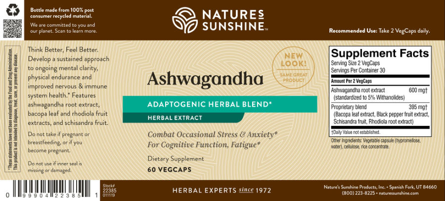 Official label of Nature's Sunshine Ashwagandha (NIH DSLD #221252)