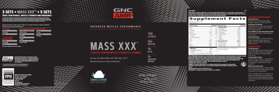 Official label of GNC AMP Advanced Muscle Performance Mass XXX Cookies & Cream (NIH DSLD #221370)
