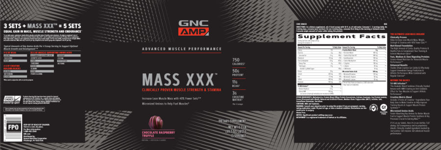 Official label of GNC AMP Advanced Muscle Performance Mass XXX Chocolate Raspberry Truffle (NIH DSLD #221476)