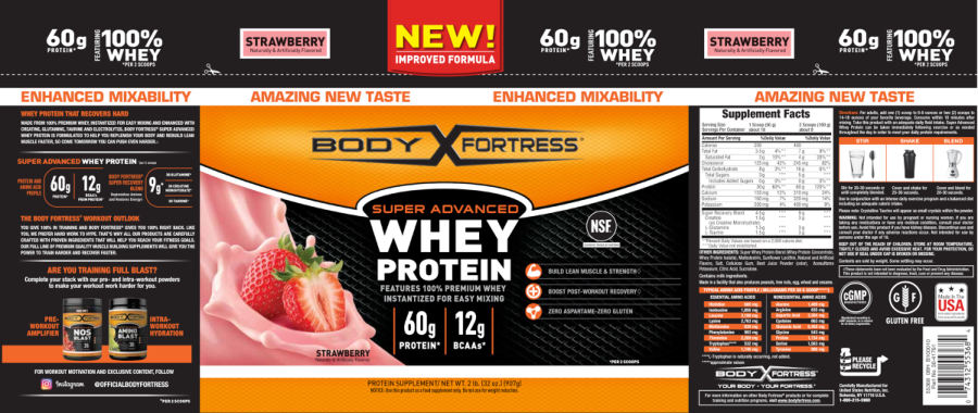 Official label of Body Fortress Super Advanced Whey Protein Strawberry (NIH DSLD #221500)