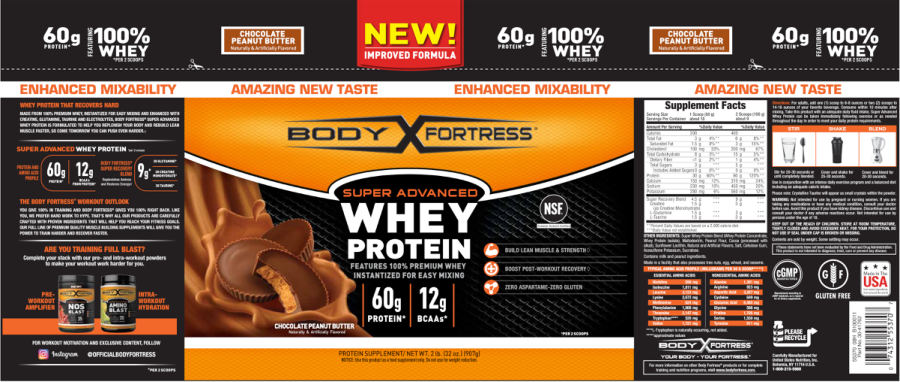 Official label of Body Fortress Super Advanced Whey Protein Chocolate Peanut Butter (NIH DSLD #221528)