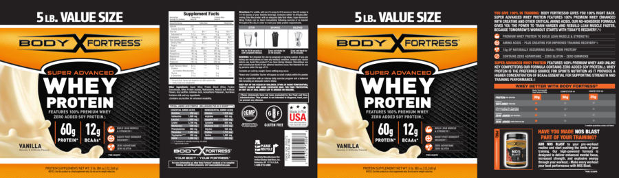 Official label of Body Fortress Super Advanced Whey Protein Vanilla (NIH DSLD #221533)