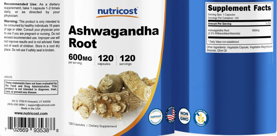 Official label of Nutricost Ashwagandha Root 600 mg (NIH DSLD #221676)