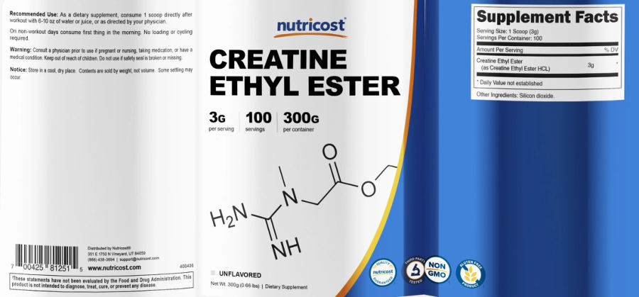 Official label of Nutricost Creatine Ethyl Ester 3 g Unflavored (NIH DSLD #223084)
