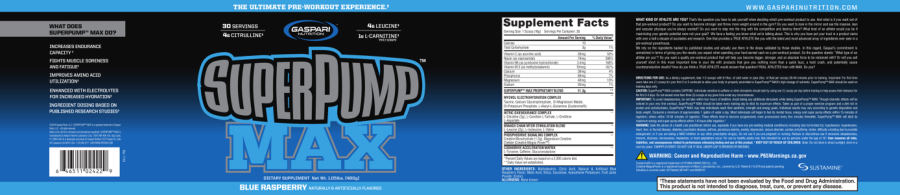 Official label of Gaspari Nutrition SuperPump MAX Blue Raspberry (NIH DSLD #224673)