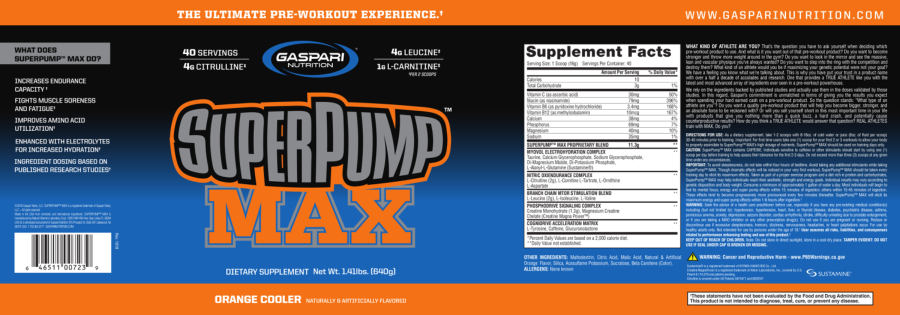 Official label of Gaspari Nutrition SuperPump MAX Orange Cooler (NIH DSLD #227964)