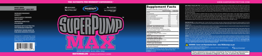 Official label of Gaspari Nutrition SuperPump MAX Watermelon (NIH DSLD #228099)