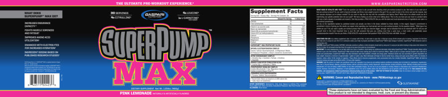 Official label of Gaspari Nutrition SuperPump MAX Pink Lemonade (NIH DSLD #228102)