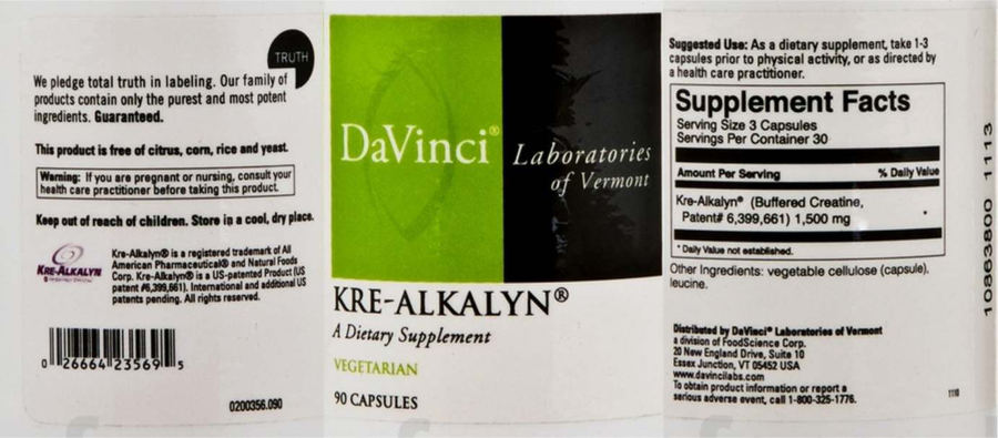 Official label of DaVinci Laboratories Of Vermont Kre-Alkalyn (NIH DSLD #22865)