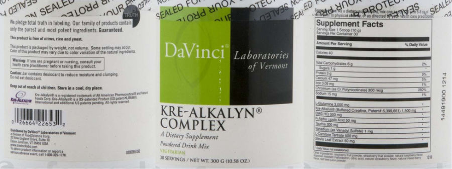 Official label of DaVinci Laboratories Of Vermont Kre-Alkalyn Complex (NIH DSLD #22868)