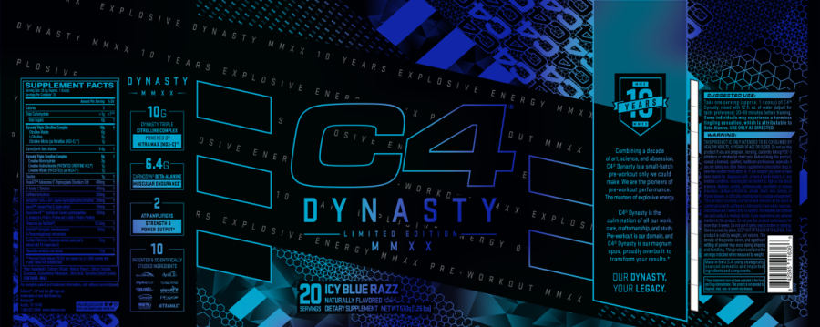Official label of Cellucor C4 Dynasty MMXX Icy Blue Razz (NIH DSLD #228773)