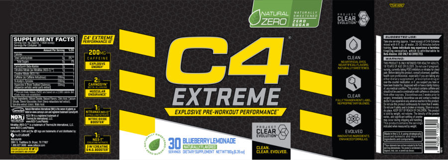 Official label of Nutrabolt C4 Extreme Blueberry Lemonade (NIH DSLD #228797)