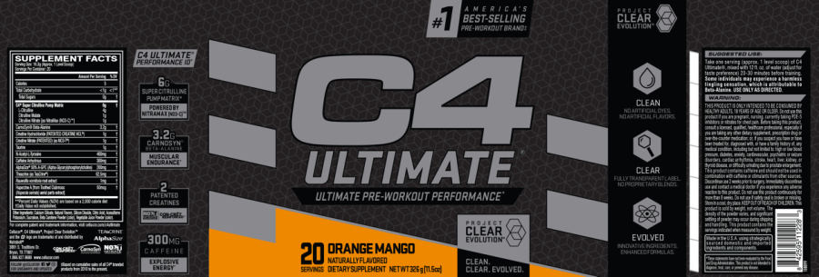 Official label of Nutrabolt C4 Ultimate Orange Mango (NIH DSLD #228802)
