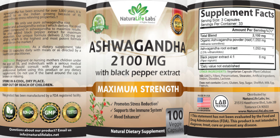 Official label of NaturaLife Labs Ashwagandha 2100 mg (NIH DSLD #229134)