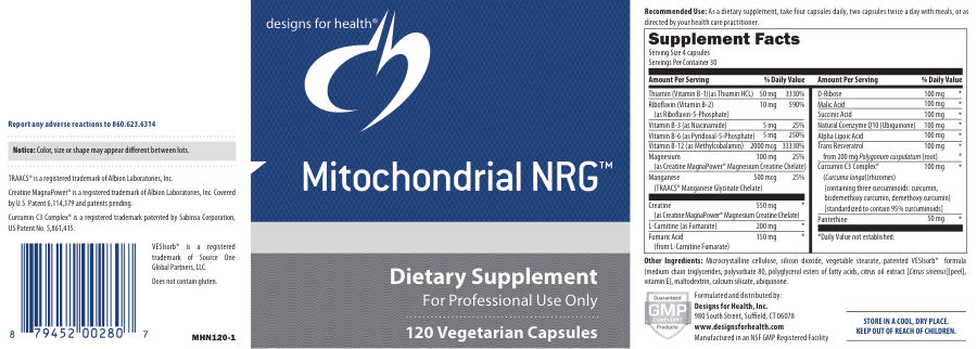 Official label of Designs for Health Mitochondrial NRG (NIH DSLD #22943)