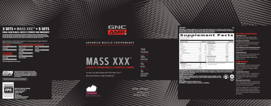 Official label of GNC AMP Advanced Muscle Performance Mass XXX Strawberry (NIH DSLD #229547)