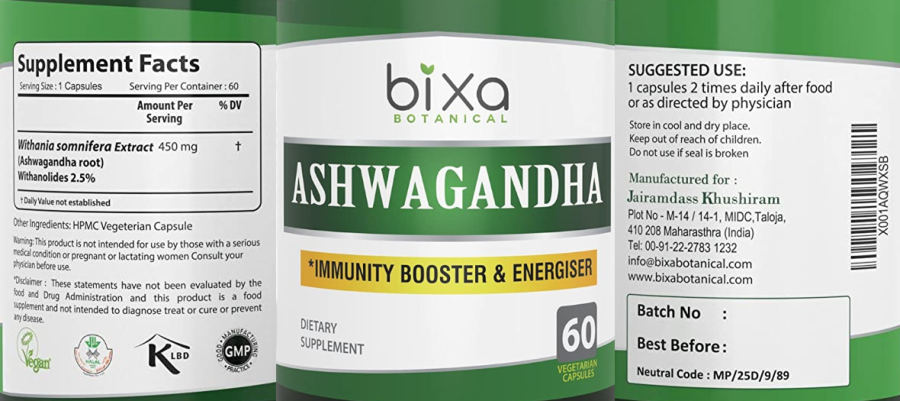 Official label of Bixa Botanical Ashwagandha (NIH DSLD #229574)