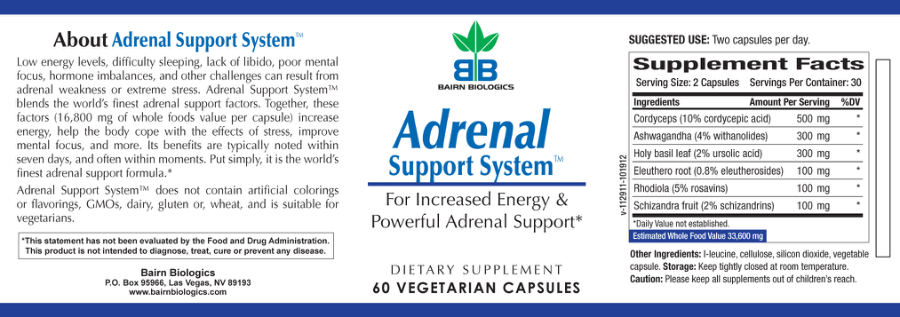 Official label of Bairn Biologics Adrenal Support System (NIH DSLD #230647)