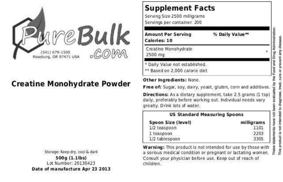 Official label of PureBulk.com Creatine Monohydrate Powder (NIH DSLD #23068)