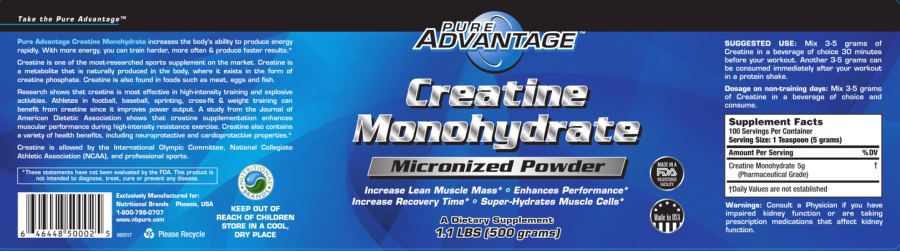 Official label of Pure Advantage Creatine Monohydrate (NIH DSLD #231495)