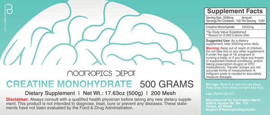Official label of Nootropics Depot Creatine Monohydrate (NIH DSLD #232140)