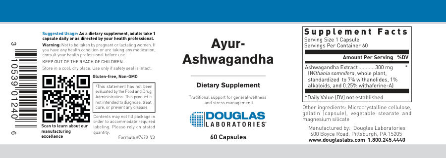 Official label of Douglas Laboratories Ayur-Ashwagandha (NIH DSLD #232532)