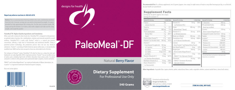 Official label of Designs for Health PaleoMeal-DF Natural Berry Flavor (NIH DSLD #23300)