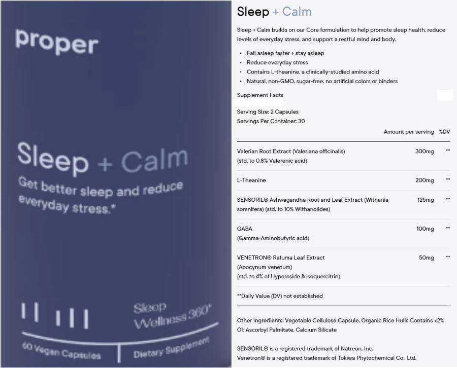 Official label of Proper Sleep + Calm (NIH DSLD #239923)